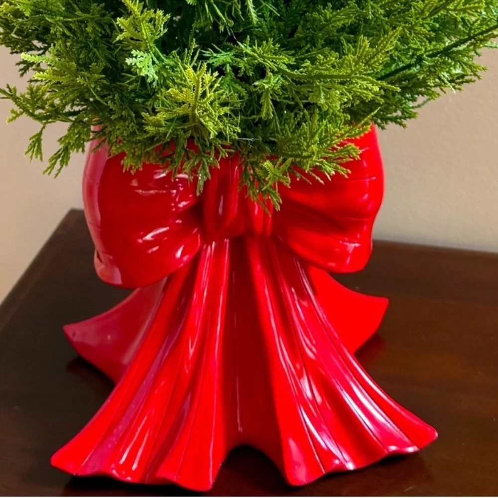 Artificial Cedar Tree w/ Red Vase Shaped Like A Bow & Ornaments, Ready to Ship